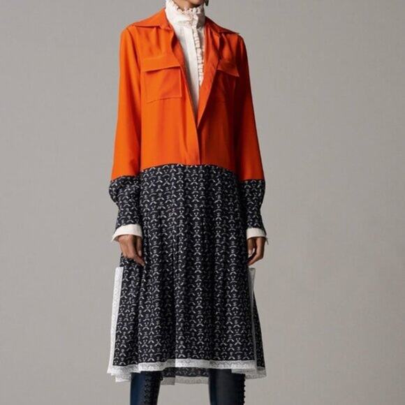 Chloe Folk Orange Silk Midi Shirt Dress 38 NEW De Chine Cravat Floral White Lace - Picture 1 of 7